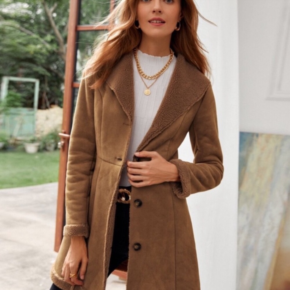 Camel shearling lined button down vegan fur trench coat jacket - Picture 6 of 9